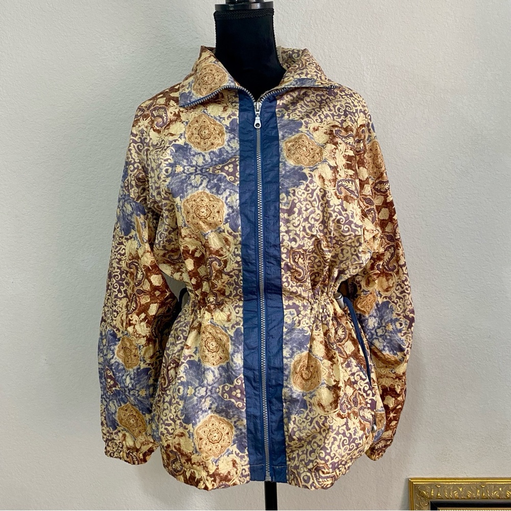 Vintage 80s‎ 90s Vos Sports Women's 100% Nylon Jacket Blue Brown Cinched Waist